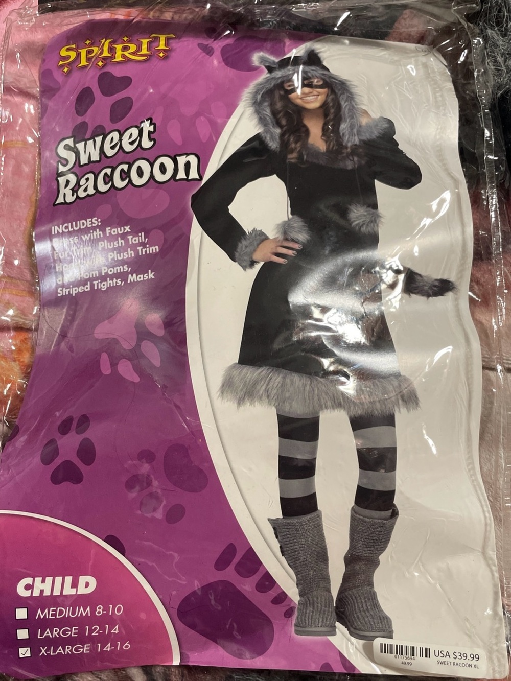 Spirit Sweet Raccoon Kids Costume Black with Gray Trim missing tights added mask